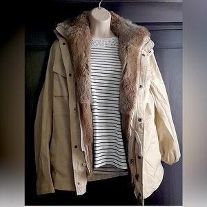 La Rok rabbit fur Removable vest coat tan cream brown with hoodie New Small